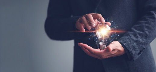 Innovation through ideas and inspiration ideas. Human hand holding light bulb to illuminate, idea of creativity and inspiration concept of sustainable business development. © Looker_Studio
