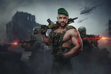 Art of modern soldier with vest and muscular build holding rifle in battlefield in city.