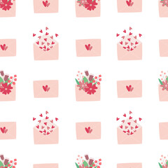 Seamless pattern of envelopes with hearts and flowers on white background. Hand drawn doodle style 