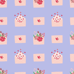 Seamless pattern of envelopes with hearts and flowers on blue background. Hand drawn doodle style 
