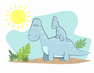 Dinosaur dad rides baby in background blue and sun