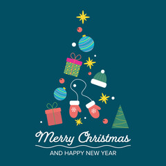 image of christmas tree is composed of gold star, snowflake, glass ball, mittens, green hat, berries, giftboxes and mini christmas tree