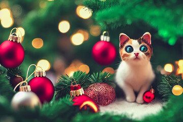 An adorable kitten hides among the Christmas decorations, highlighting the love for animals and sharing during this season. A beautiful scene for charming images.