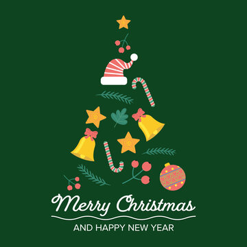 image of christmas tree is composed of star, candy, glass ball, holly berries, christmas hat, leaf, branches and bell