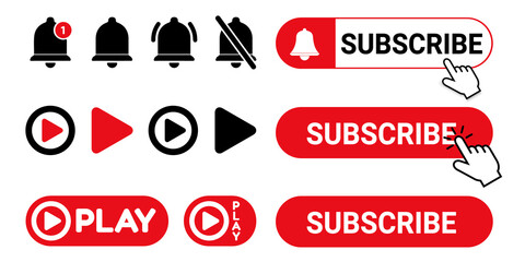 Different Isolated Illustrations Of Subscribe, Notification And Play Button Set