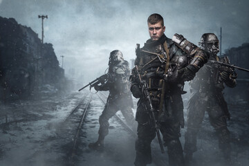 Shot of group of soldiers in setting of post apocalypse in abandoned winter city. - obrazy, fototapety, plakaty