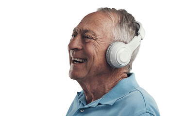 PNG Shot of an elderly male wearing headphones and listening to music in a studio.