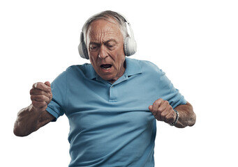 PNG Shot of an elderly male wearing headphones and listening to music in a studio.