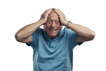 PNG Shot of an older man with his hands on his head in shock in a studio.
