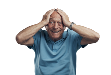 PNG Shot of an older man with his hands on his head in shock in a studio.
