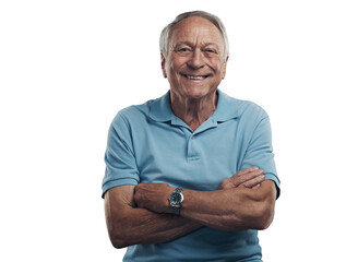 png Shot of an older man smiling at the camera with his arms crossed in a studio