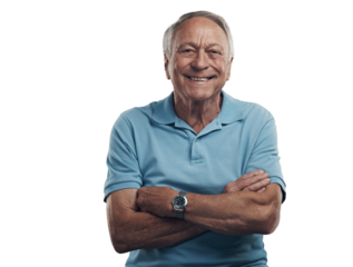 png Shot of an older man smiling at the camera with his arms crossed in a studio