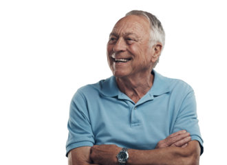 PNG Shot of an older man with his arms crossed looking off into the distance in a studio