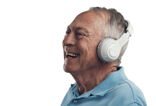 PNG Shot of an elderly male wearing headphones and listening to music in a studio.