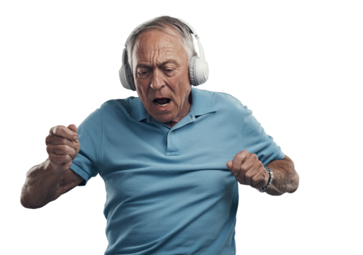 PNG Shot of an elderly male wearing headphones and listening to music in a studio. - Powered by Adobe