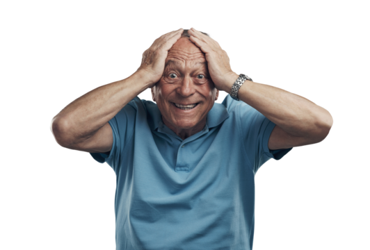PNG Shot of an older man with his hands on his head in shock in a studio.