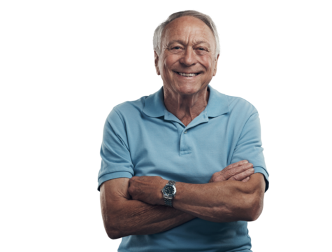 png Shot of an older man smiling at the camera with his arms crossed in a studio