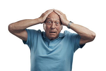 PNG Shot of an elderly man clasping his hands to his head in a studio.
