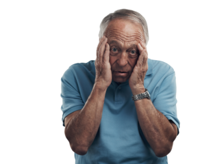 PNG Shot of an elderly man clasping his hands to his face in a studio.