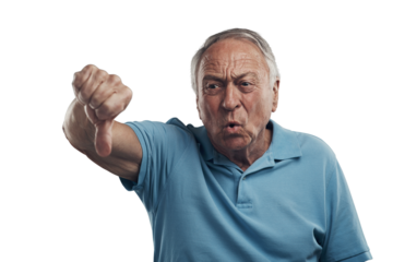 PNG Shot of a unhappy older man giving the thumbs down in a studio.