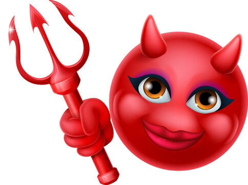 A red devil or satan emoji emoticon female woman face holding a trident, pitchfork or pitch fork cartoon icon mascot.