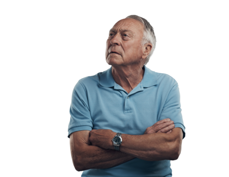 PNG Shot of an older man with his arms crossed looking off into the distance in a studio. - Powered by Adobe