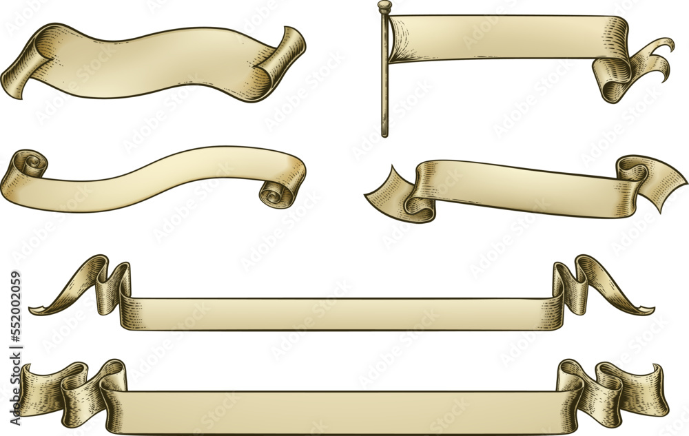 Wall mural a set of parchment scrolls or paper ribbon banners and flags in a vintage retro woodcut style