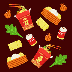Chinese food. Boxed noodles, steamed buns, fried rolls and vegetables pattern