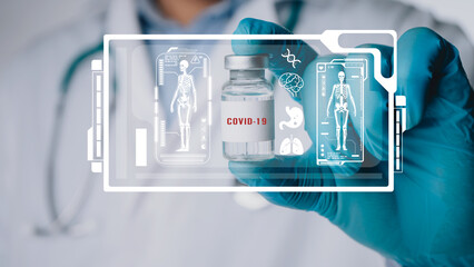 Diagnose checking coronavirus or covid-19 testing result with virtual screen in laboratory,...