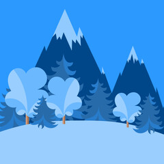 Winter landscape vector illustration. Snow trees and mountains. Blue and white. Fir-trees and spruces.