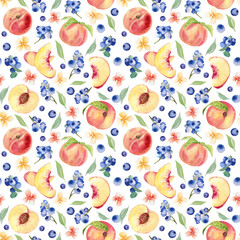 Watercolor fruit seamless pattern with flowers and peaches
