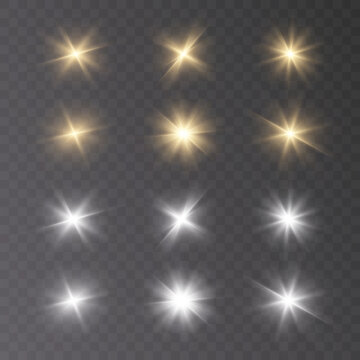 Glow of golden sparks of light on a transparent background. Blurred vector sequins design collection. Explosion flash, sun, flash and bright cloud.	

