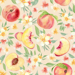 Watercolor fruit seamless pattern with flowers and peaches