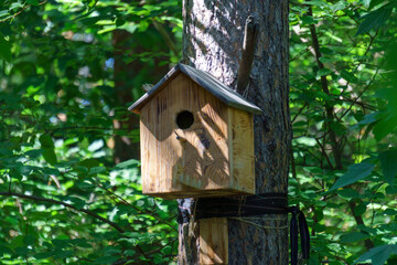 Birdhouse or bird box with natural green leaves background. Selective focus