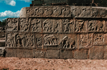 Closeup of Mahanavami Dibba Architecture (Great Platform) at Hampi - a UNESCO World Heritage Site located in Karnataka, India.