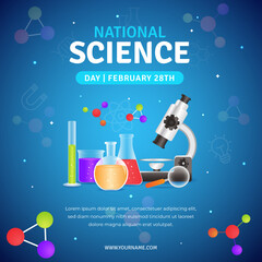 National Science day February 28th square banner design with laboratory equipment illustratoin