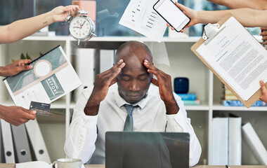 Headache, stress and businessman with documents in hands for time management, office administration...