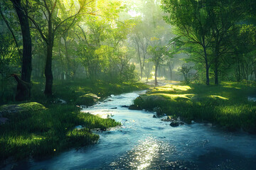 beautiful morning in the magical spring forest