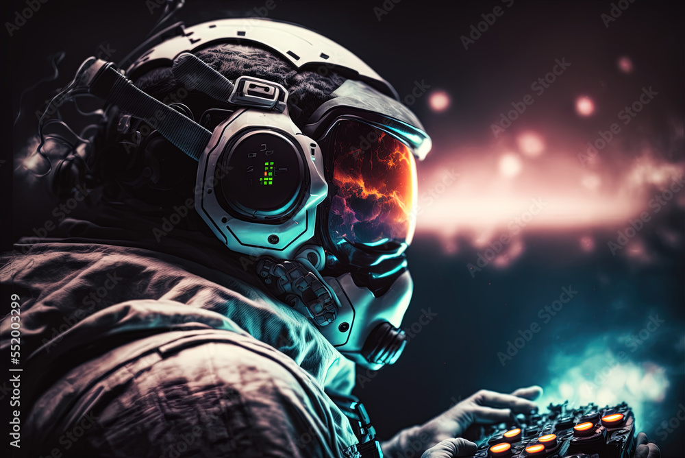 Poster cyber-gaming pro playing space shooting game with wireless controller in close-up. generative ai