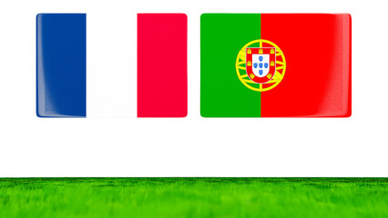 National Flags of France and Portugal as glossy cards floating over a green field. 3D render.