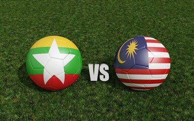 Footballs in flags colors on soccer field. Myanmar with Malaysia. 3d rendering