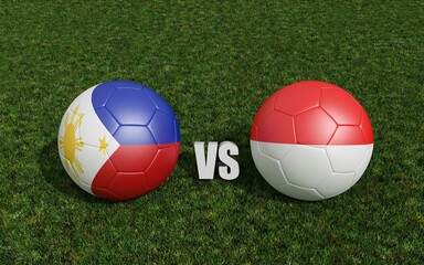 Footballs in flags colors on soccer field. Philippines with Indonesia. 3d rendering