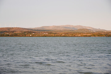 Lake landscape with mountains at sunrise. Lake of Leucate, Languedoc-Roussillon, France.
Lake of Salses between the departments of Pyrénées-Orientales and Aude in Occitania.