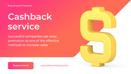 Cashback service money refund warranty promo social media internet banner 3d icon vector illustration. Financial payment commercial business bonus purchase cash dollar discount guarantee landing page