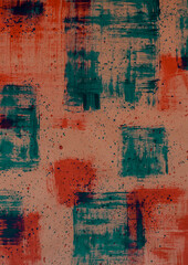 Vertical abstract acrylic painting. Red and turquoise strokes on orange background. Acrylic art with accents. Abstract rough background with small colored blobs
