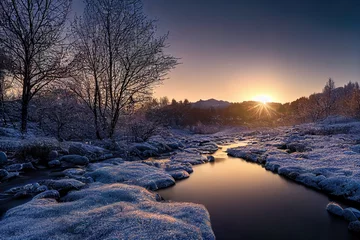 Foto op Plexiglas prachtig lentelandschap met rivier en smeltende sneeuw © Gbor