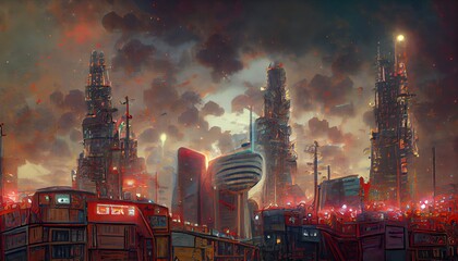 Obraz premium Polluted Sci-Fi cityscape with skyscrapers and tall buildings. Great as a background or for your art projects.