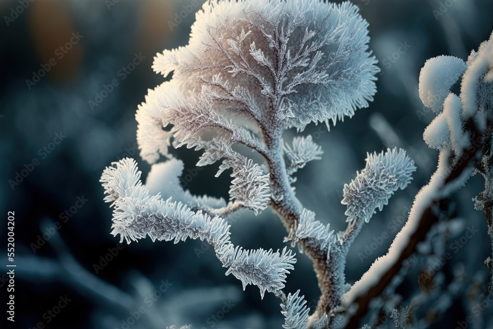 Poster frost on tree branches in close-up and distant macro generative ai
