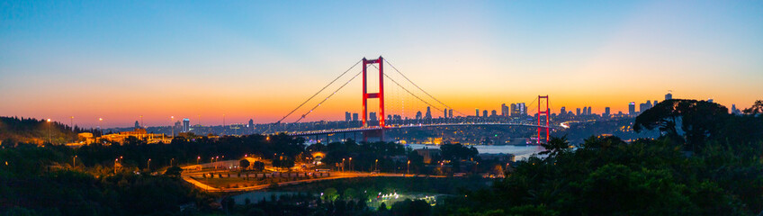 Awesome Panoramic view of Istanbul Bosphorus on sunset. Istanbul Bosphorus Bridge (15 July Martyrs...