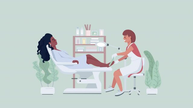 Animated characters at feet care. Woman undergoing pedicure in salon, Full body flat people on green background with alpha channel transparency. Colorful cartoon style HD video footage for animation